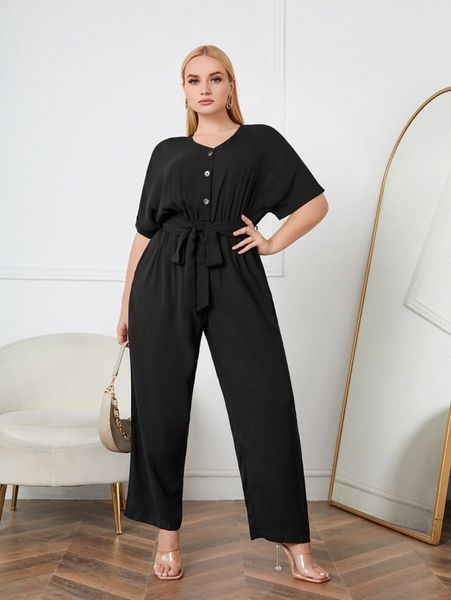 

plus batwing sleeve belted jumpsuit m4bu#, Black