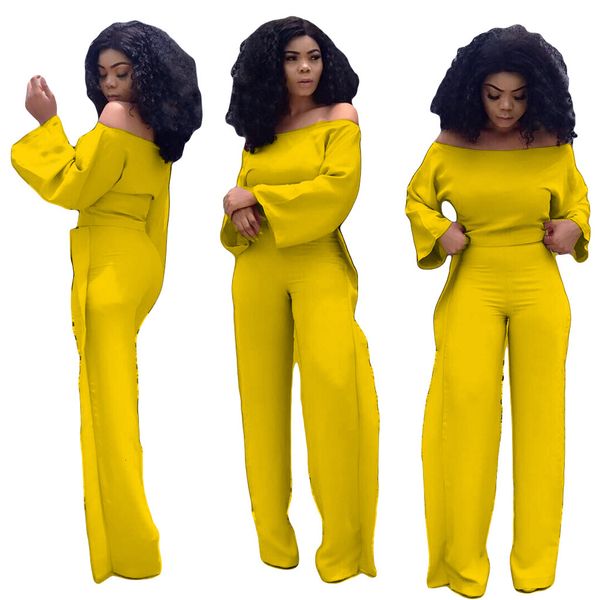 

solid slash neck long sleeves elegant women two pieces sets t shirt and ruffles pants suits for nightclub offfice lady autumn, White