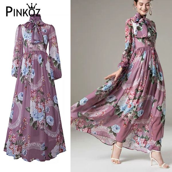 Summer Fashion Runway Maxi Dress O-Collo da donna Vintage Purple Flowers Print Holiday Boho Abiti lunghi Plus size 2xl 210421