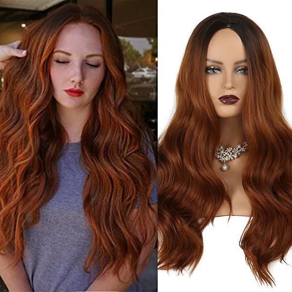 

long wavy womens wig natural part side hair ombre synthetic wigs platinum/blonde/black heat resistant for women