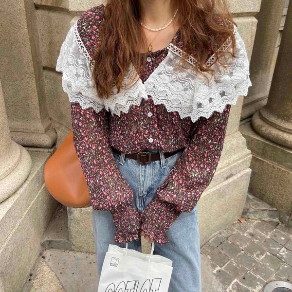 

comelvintage printed florals chic pleated prairie style lace sweet women loose match office lady retro gentle shirts 210515, White