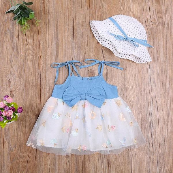 

girl's dresses 2021 summer dress 6m-3y infant kids baby girl sleeveless strap denim patchwork tutu princess hat 2pcs clothes, Red;yellow