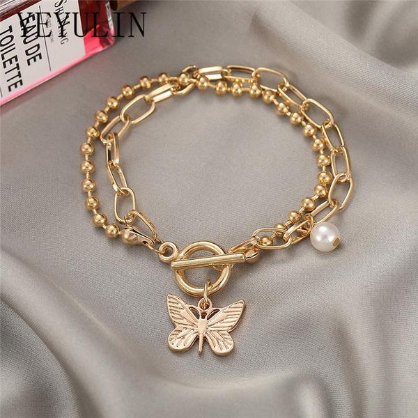 

charm bracelets punk butterfly charms bracelet cute two layer gold color beads chain for women pearl bangles jewelry gifts, Golden;silver