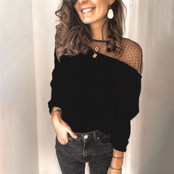 

women's blouses & shirts fashion women mesh patchwork blouse autumn long sleeve round neck one-shouldered pullover female clothes, White