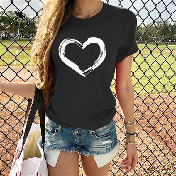 

summer heart print t shirt women short sleeve o neck loose t-shirts causal tee clothes suits women's t-shirt, White