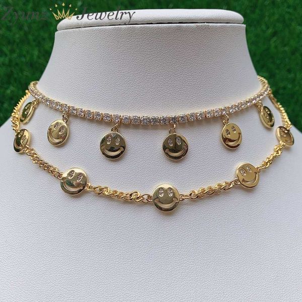 3 Stück, modisches Halsband, goldfarben, Lächeln-Gesicht-Anhänger, Charms für Damen, Schlüsselbeinkette, Halskette, Schmuck