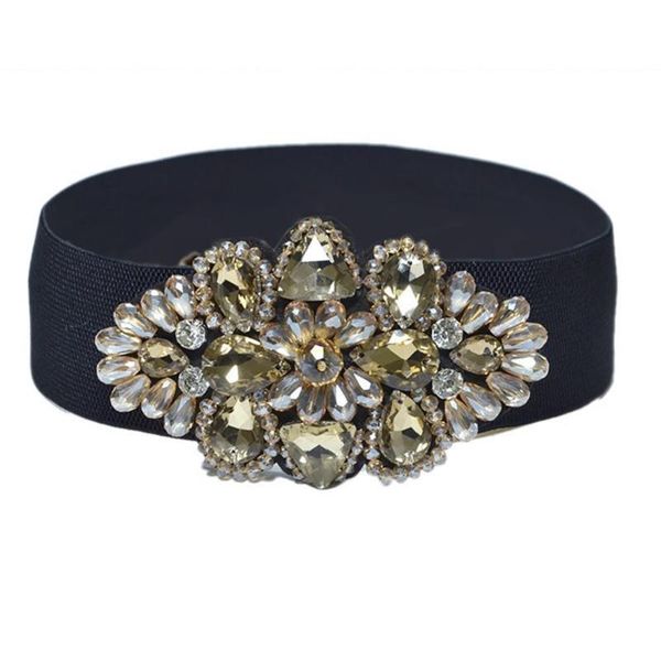

belts women colorful rhinestone flower waist belt elastic wide waistband dress decor, Black;brown