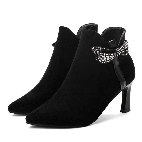 

boots black pointed toe ankle women  cm thin high heel short fashion crystal butterfly knot decoration