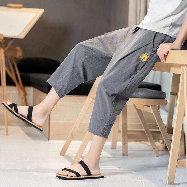 

men's pants houzhou cotton linen for men joggers sweatpants linens casual chinese style cropped trousers embroidered breathable, Black