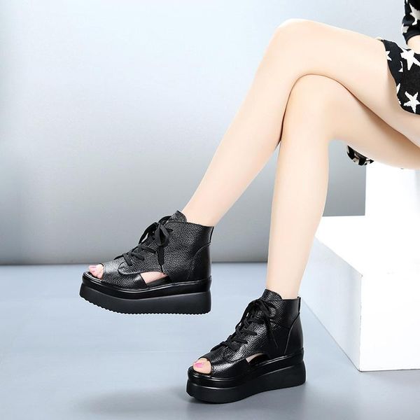 

summer women sandals genuine leather fish mouth platform with lace-up 8 cm heel, Black