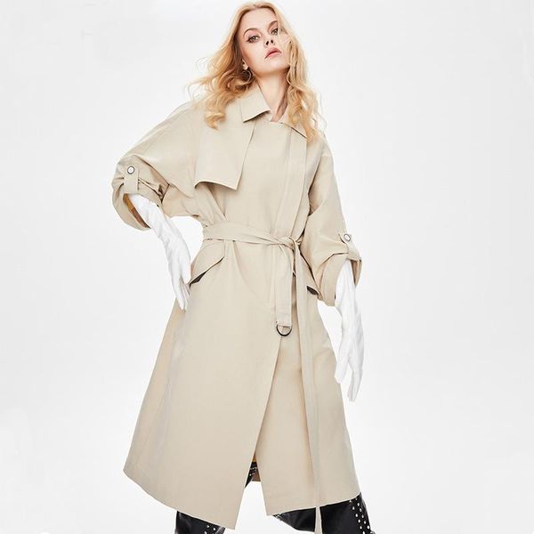 

women's trench coats nice women long coat with belt turn down collar three quarter sleeve femme casaco abrigo streetwear, Tan;black