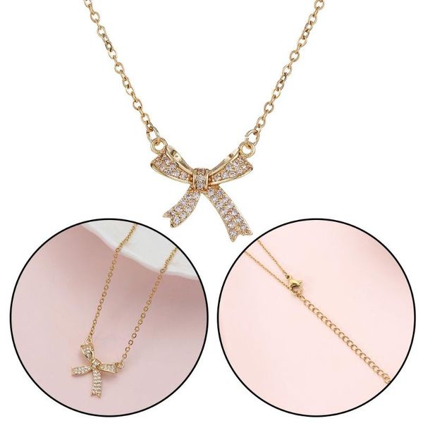 

chains fashion jewelry birthday gifts exquisite sweet titanium steel light luxury design bow pendant zircon necklace, Silver
