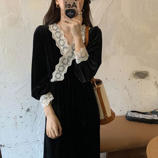 

dresses retro elegant women es veet v-neck lace patchwork long sleeve autumn mid-calf cotton vestidos, Black;gray