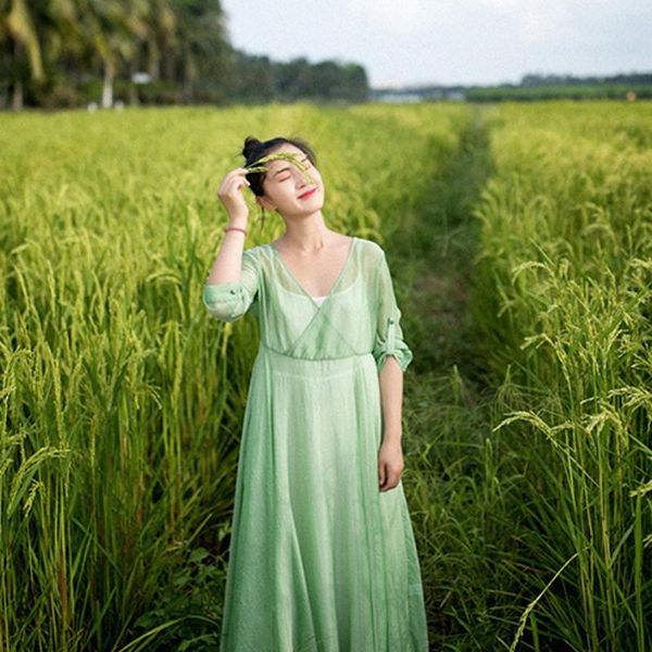 

casual dresses irinaw663 arrival summer 2021 light green vintage see through long sleeve maxi chiffon dress women, Black;gray