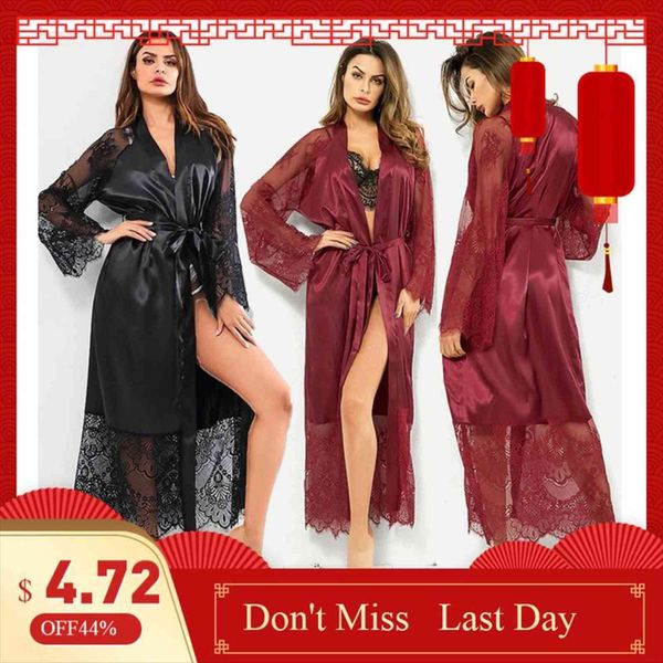

satin robe bathrobe lingerie womens sleepwears belt simulation silk lace long sleeve dressing gown vestaglia, Black;red
