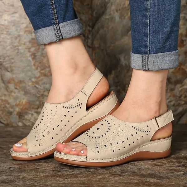 

sandals summer women's retro ladies hollow out shoes hook&loop female plus size wedges platform woman open toe comfort sandalias, Black