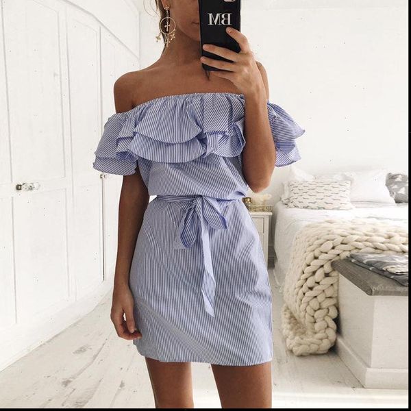 

off shoulder strapless striped womens dresses ruffles summer sundresses beach casual shirt short mini party robe femme, Black;gray