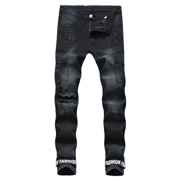 

men's jeans fashion men vintage ripped motorcycle knee pleated biker distressed skinny hip hop joggers denim pants plus size 4011 2aan, Blue