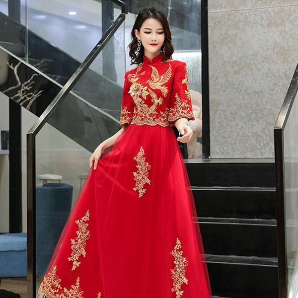 

red party evening long cheongsam retro slim dress marriage gown chinese style wedding qipao lady clothes kimono robe formal ethnic clothing
