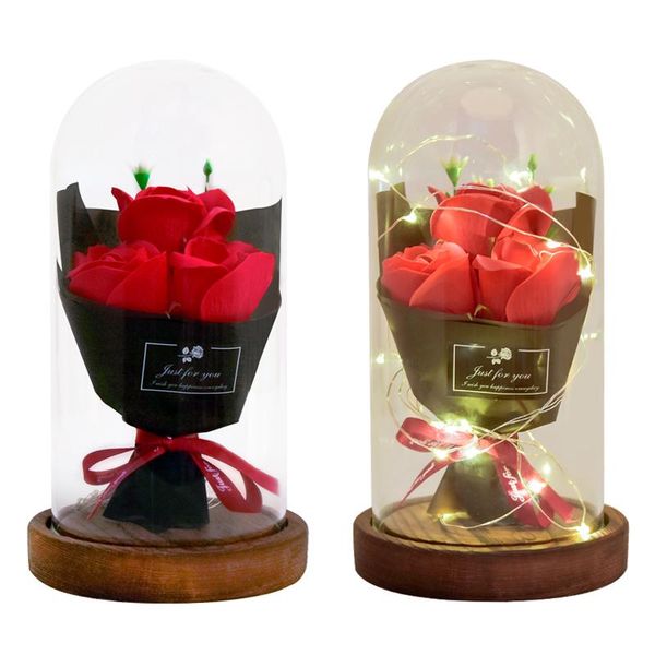 

eternal soap rose led light flower bouquet glass dome wedding artificial valentines birthday gift for women dropship party favor