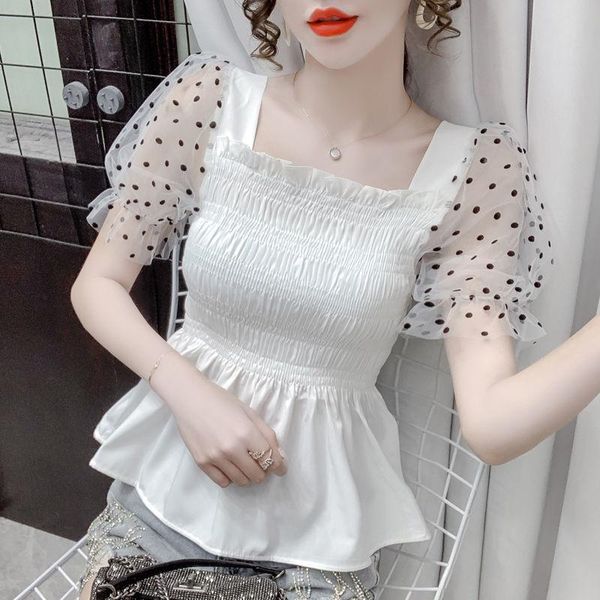 

women's blouses & shirts summer blouse fashion o-neck silk shirt vintage women white lady short sleeves female loose street cloths 2021