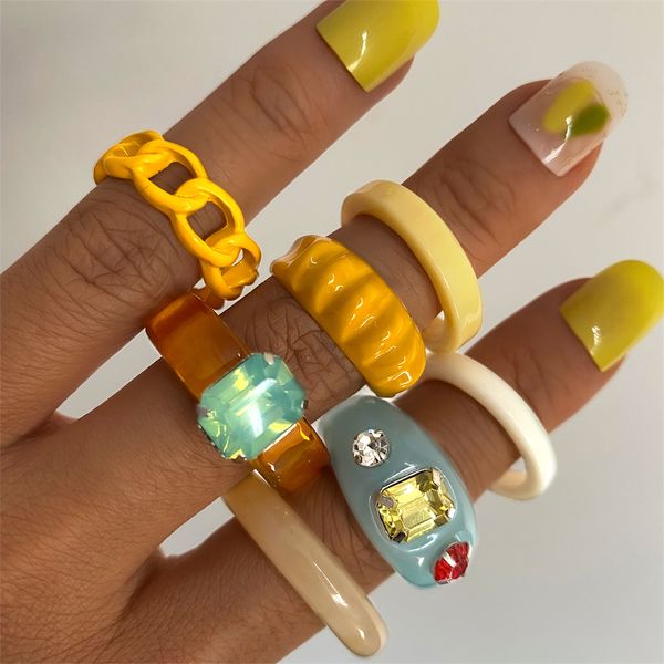 

korea colorful acrylic resin joint wide ring set for women fashion yellow resin chain drop oil ring y2k travel jewelry, Golden;silver
