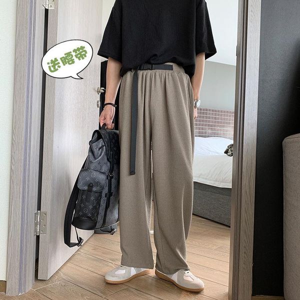 

men's pants summer belt pleated mens fashion khaki black white casual men streetwear loose straight wide leg trousers