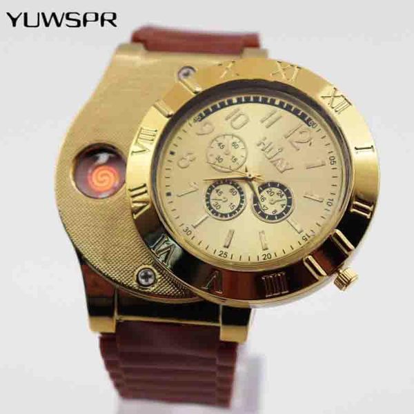 

wristwatches lighter watches men quartz watch military flameless cigarette usb charging outdoor f665, Slivery;brown
