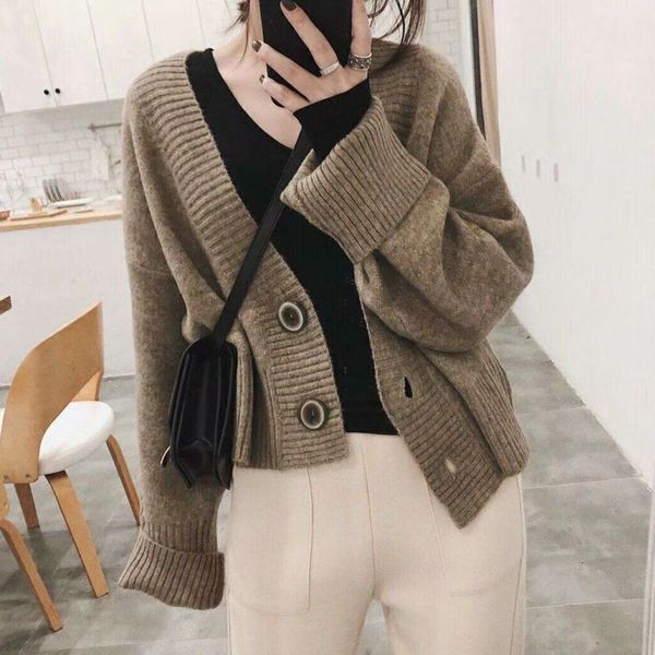 

knits autumn winter long sleeve soft knitted sweater women single-breasted cardigan coat korean style v-neck thick loose crop pull r3e4, White