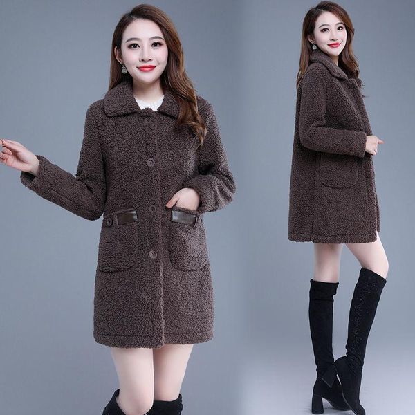 

women's wool & blends lamb coat jacket autumn and winter style thickened mid-length fur one imitation grain fleece lady l26, Black