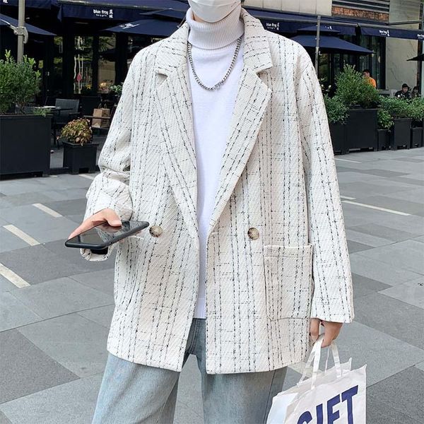 

men's suits & blazers young men students handsome preppy style plaid loose casual blazer suit outwear school uniform, White;black