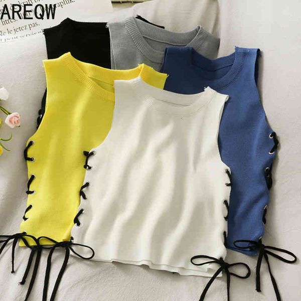 

careful machine short drawstring lace sleeveless knitted vest women's slim and slim navel round neck niche 210507, White