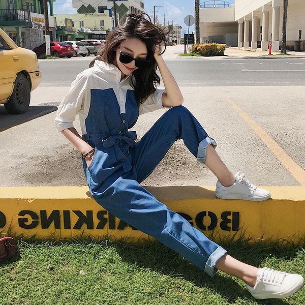 

women's pants & capris denim jumpsuit korean style slim stitching fake two-piece high-waist trousers spring and autumn fashion 2021, Black;white