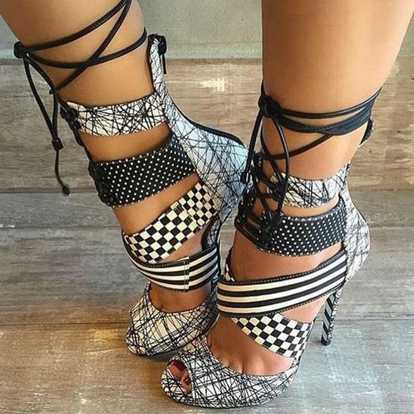

black and white summer women high heel sandals fashion polka dot lattice ankle strap wedding cross-tied heels