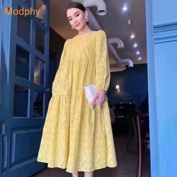 

casual dresses women elegant midi dress lantern long sleeve hole solid color party retro loose female 2021 summer fashion, Black;gray