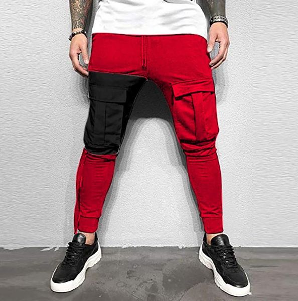 

joggers cargo pants for men splicing solid pocket overalls casual fashion sport work hip hop sportwear summer m5 men's, Black