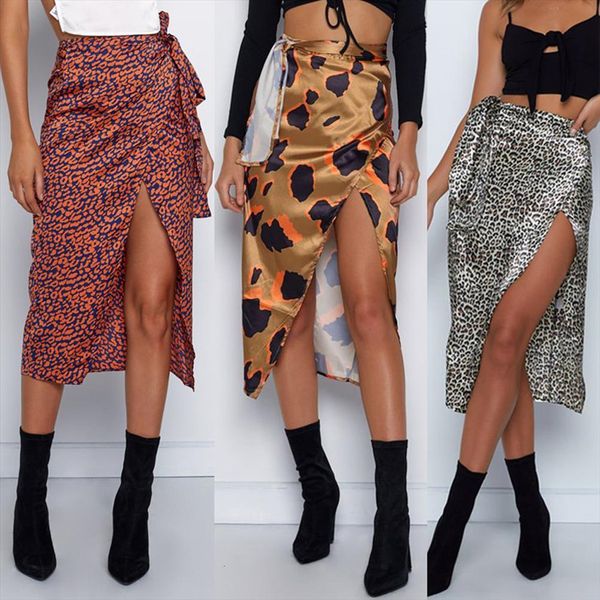

leopard printing irregular womens skirt high split bandage stright fashion waist casual summer, Black