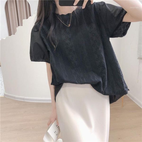

women's blouses & shirts 2021 korean fashion summer lace round neck puff sleeve blouse solid color embroidery casual loose temperament, White