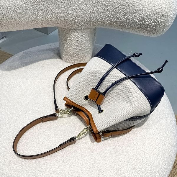 

canvas stitching pu leather bucket bag retro style drawstring handbag fashion casual design women's outdoor shopping bags