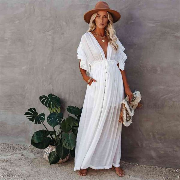 Copricostume bikini sexy Tunica bianca lunga Abito estivo da spiaggia casual Elegante donna Plus Size Wear Costume da bagno Cover Up 210722