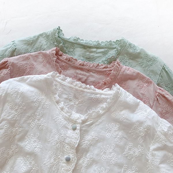 

women's blouses & shirts lamtrip full floral embroidery ruffled collar colorful buttons short sleeve cotton shirt 2021 summer ike0, White