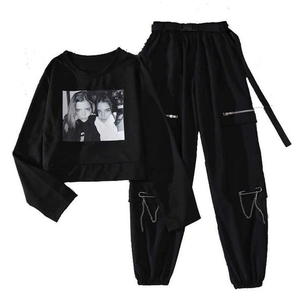 

spring autumn female high waist streetwear cargo pant casual ladies joggers 2 piece set trousers hippie baggy 210531, White
