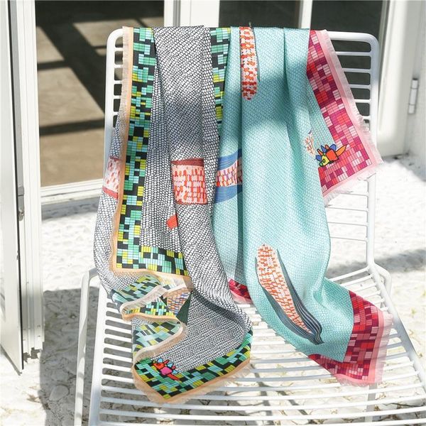 

scarves 2021 autumn 100% silk neckerchief bandana scarf wraps 63x63cm, Blue;gray