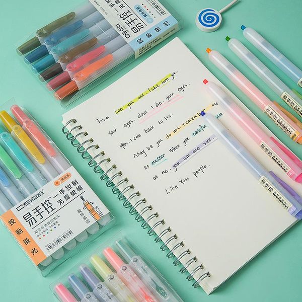 

highlighters 6pcs/set press type fluorescent highlighter pen markers pastel drawing for student school office supplies cute stationery e6844, Black;red