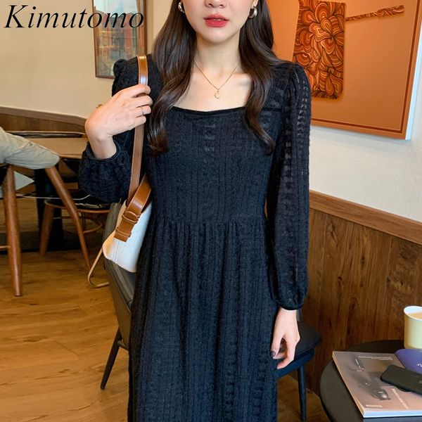 

kimutomo vintage square collar mini dresses women lace hook flower french style ladies high waist panelled long sleeve vestido 210521, Black;gray