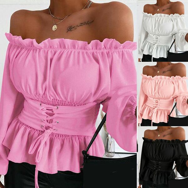 

women fall long sleeve off-shoulder ruffled blouse casual slim solid short 2020 office pullover white lady blusa shirts x0521