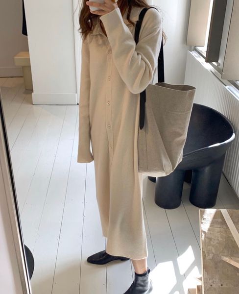 

Spring female Korean version long sleeve only breasted dress in knitted or crocheted nightgown, Black;gray