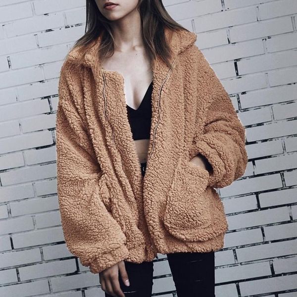 

women's fur & faux women fashion coat autumn winter warm soft zipper jacket female plush overcoat pocket casual fluffy teddy outwear, Black
