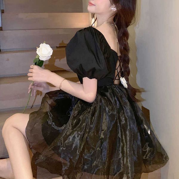 

casual dresses french vintage summer es women design sleeve bandage elegant mini females party fairy korean lvhm, Black;gray