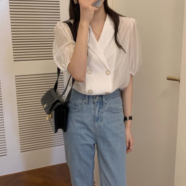 

women blouses ol suit collar double breasted office lady short sleeve woman shirts fashion female blusas 210421, White